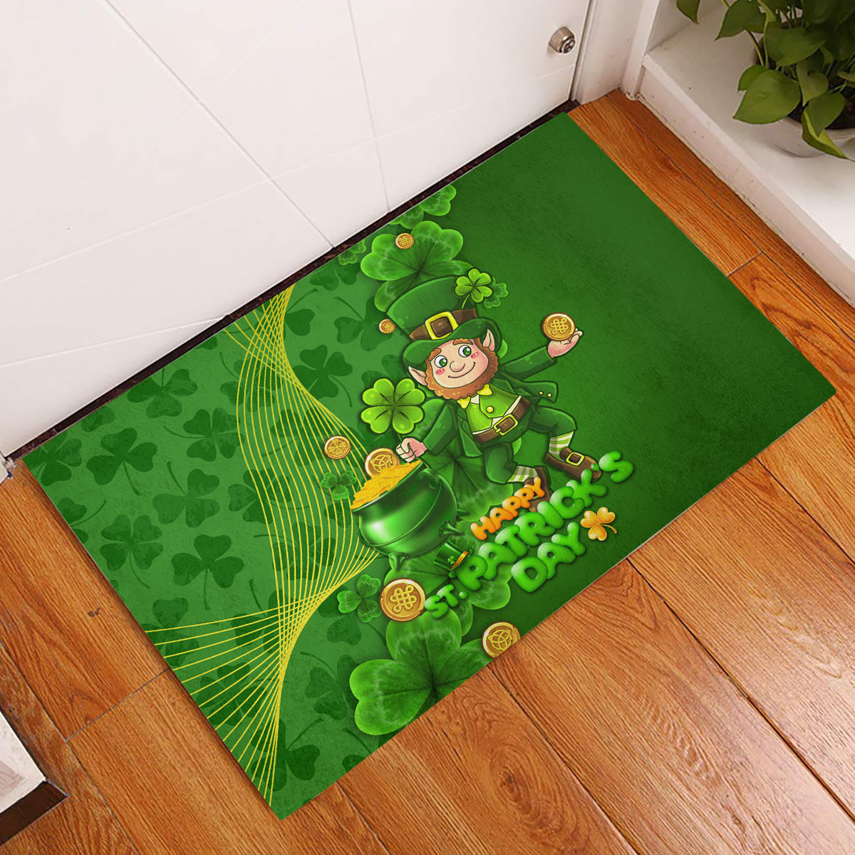 Happy St Patricks Day Rubber Doormat 2024 Irish Shamrocks With Lucky Leprechaun - Wonder Print Shop