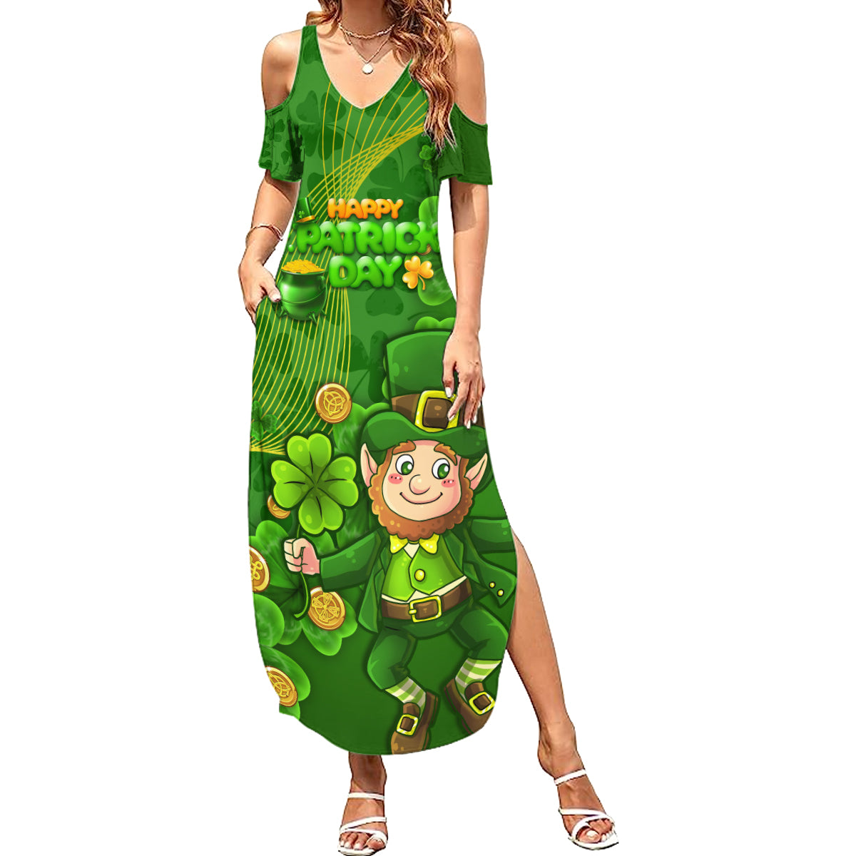 Happy St Patricks Day Summer Maxi Dress 2024 Irish Shamrocks With Lucky Leprechaun - Wonder Print Shop