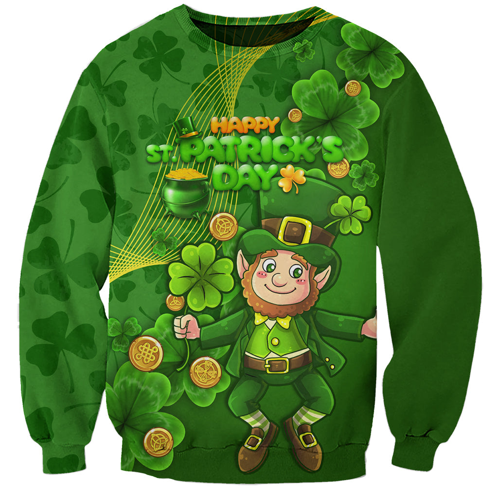 Green unisex sweatshirt featuring leprechaun holding green pot with shamrock pattern