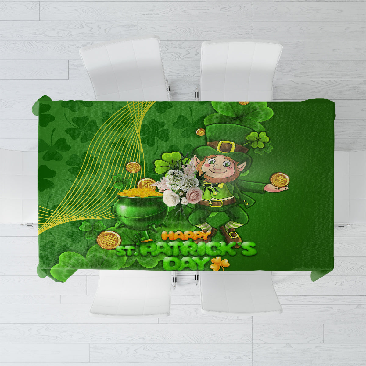 Green St. Patrick’s Day tablecloth with shamrocks and a lucky leprechaun graphic