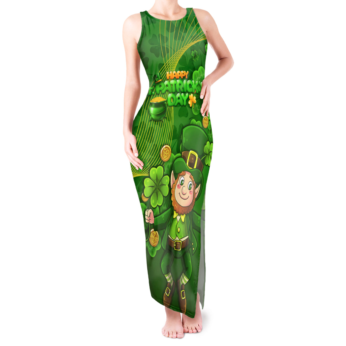 Happy St Patricks Day Tank Maxi Dress 2024 Irish Shamrocks With Lucky Leprechaun - Wonder Print Shop