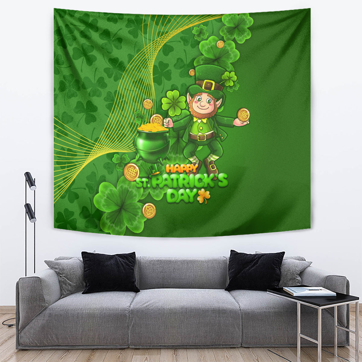 Happy St Patricks Day Tapestry 2024 Irish Shamrocks With Lucky Leprechaun