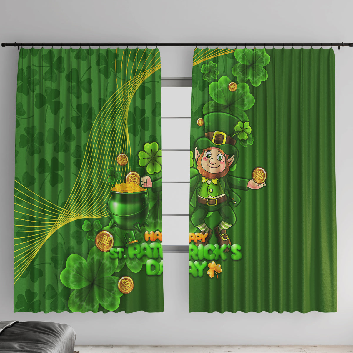 Happy St Patricks Day Window Curtain 2024 Irish Shamrocks With Lucky Leprechaun - Wonder Print Shop