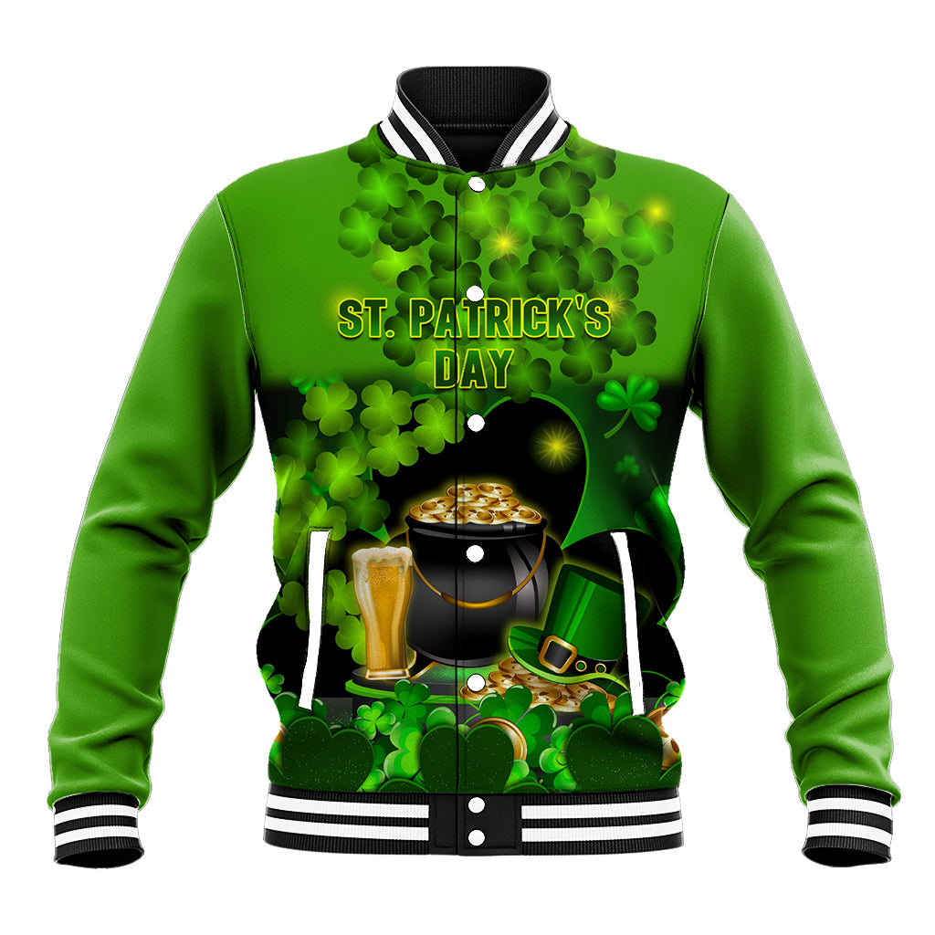 Green baseball jacket with St. Patrick’s Day text, shamrocks, beer-and-hat graphic