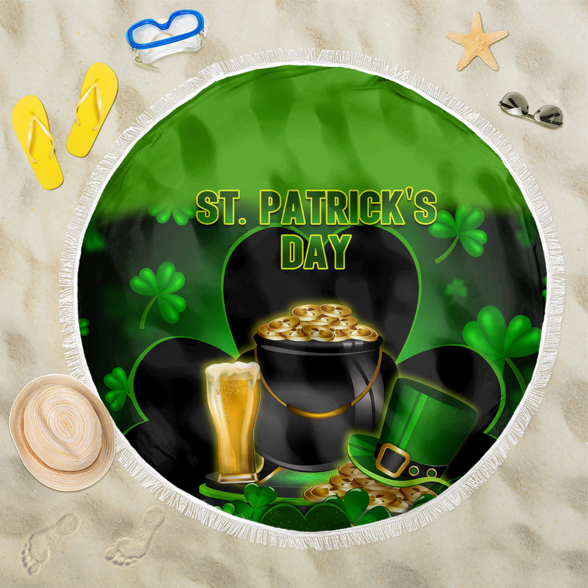 Green St Patrick's Day round blanket with white fringe, shamrock cauldron print