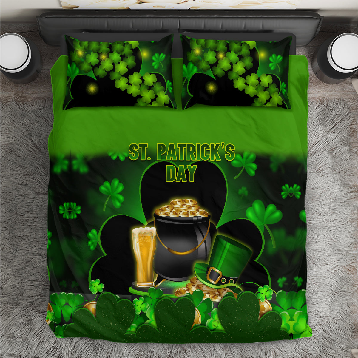 Green St. Patrick’s Day bedding set, shamrocks and cauldron with “St. Patrick’s Day”