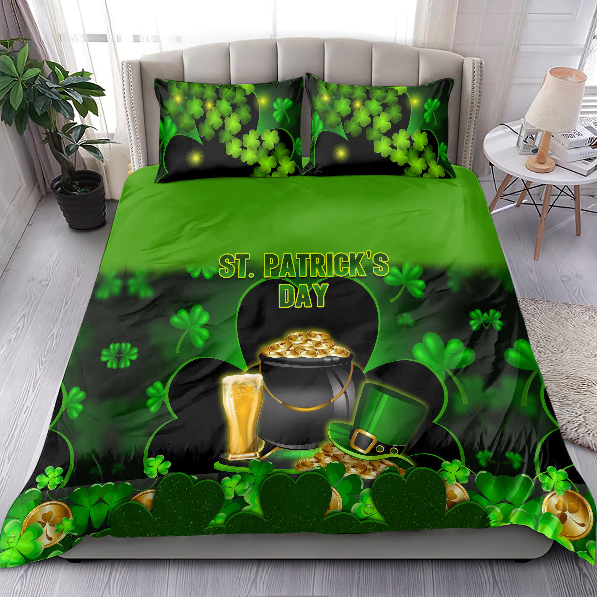 Green St. Patrick’s Day bedding set with matching pillowcases, shamrocks and cauldron