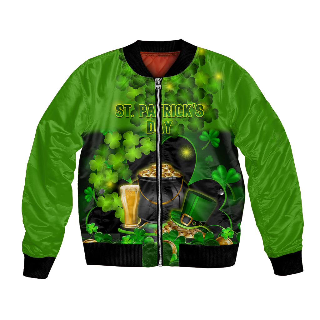 Green bomber jacket with front zipper and shamrock print, black ribbed cuffs and hem.