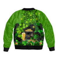 Green bomber jacket with back shamrock design, black ribbed collar and cuffs.