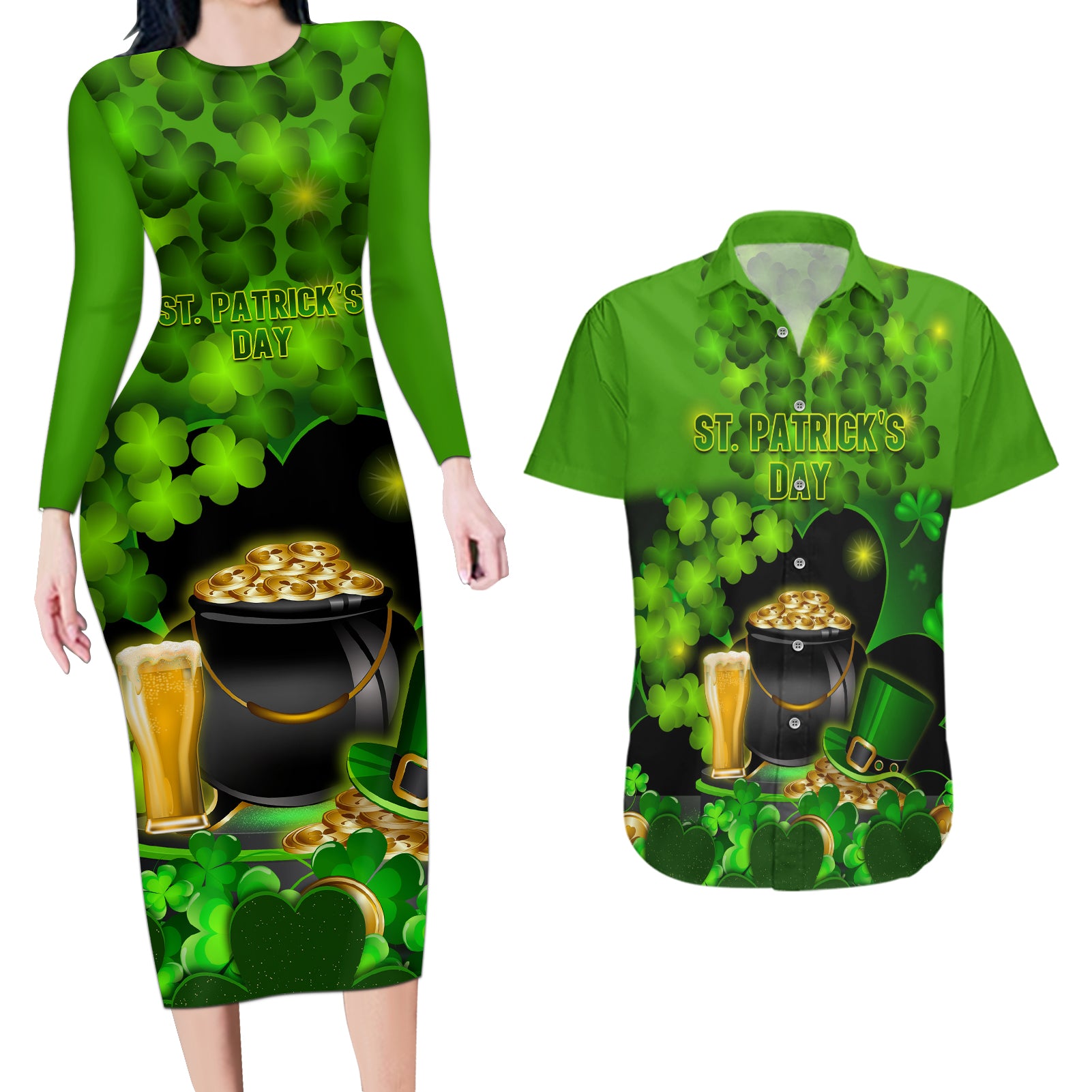 Happy St Patricks Day Couples Matching Long Sleeve Bodycon Dress and Hawaiian Shirt La Fheile Padraig Shamrock Style - Wonder Print Shop