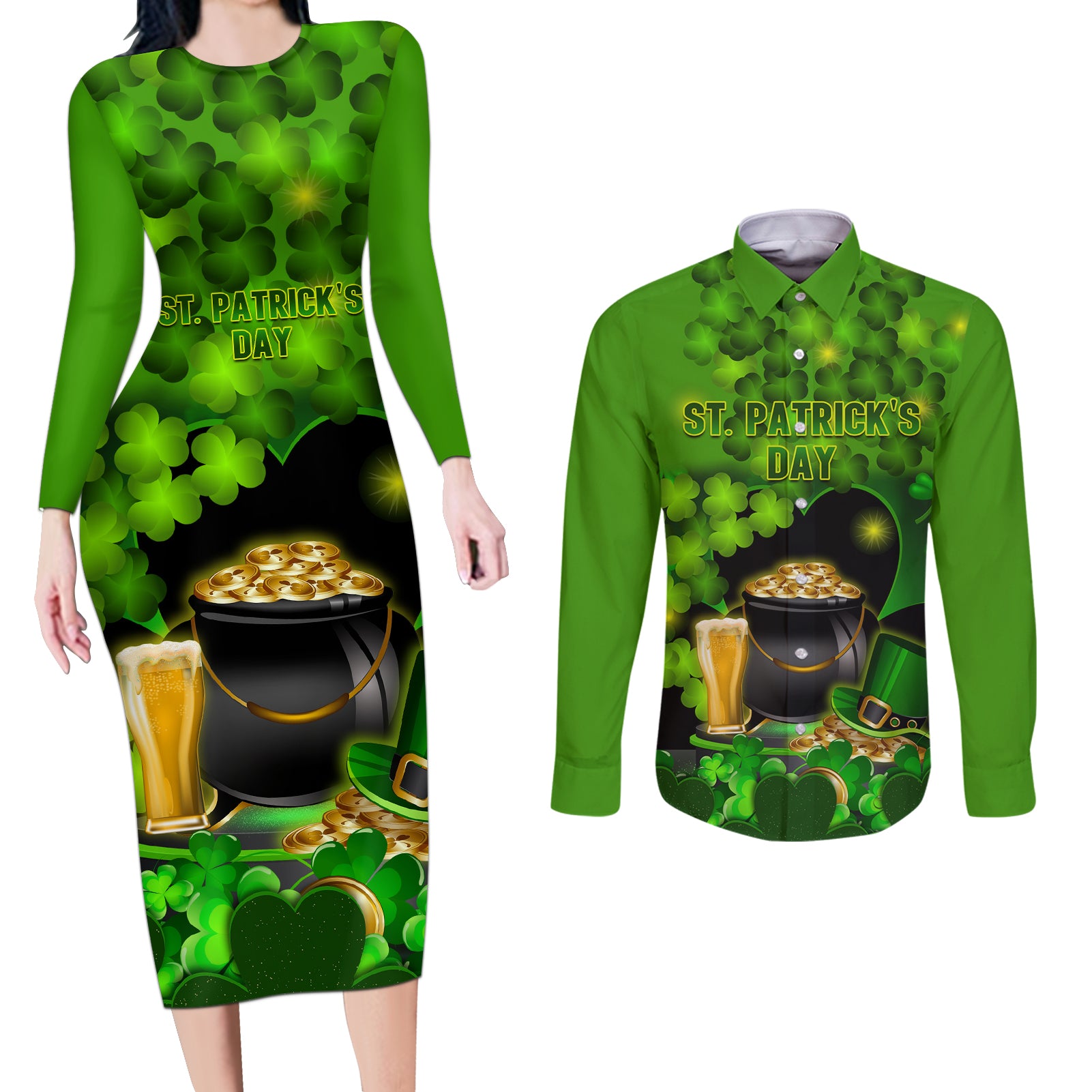 Happy St Patricks Day Couples Matching Long Sleeve Bodycon Dress and Long Sleeve Button Shirt La Fheile Padraig Shamrock Style - Wonder Print Shop