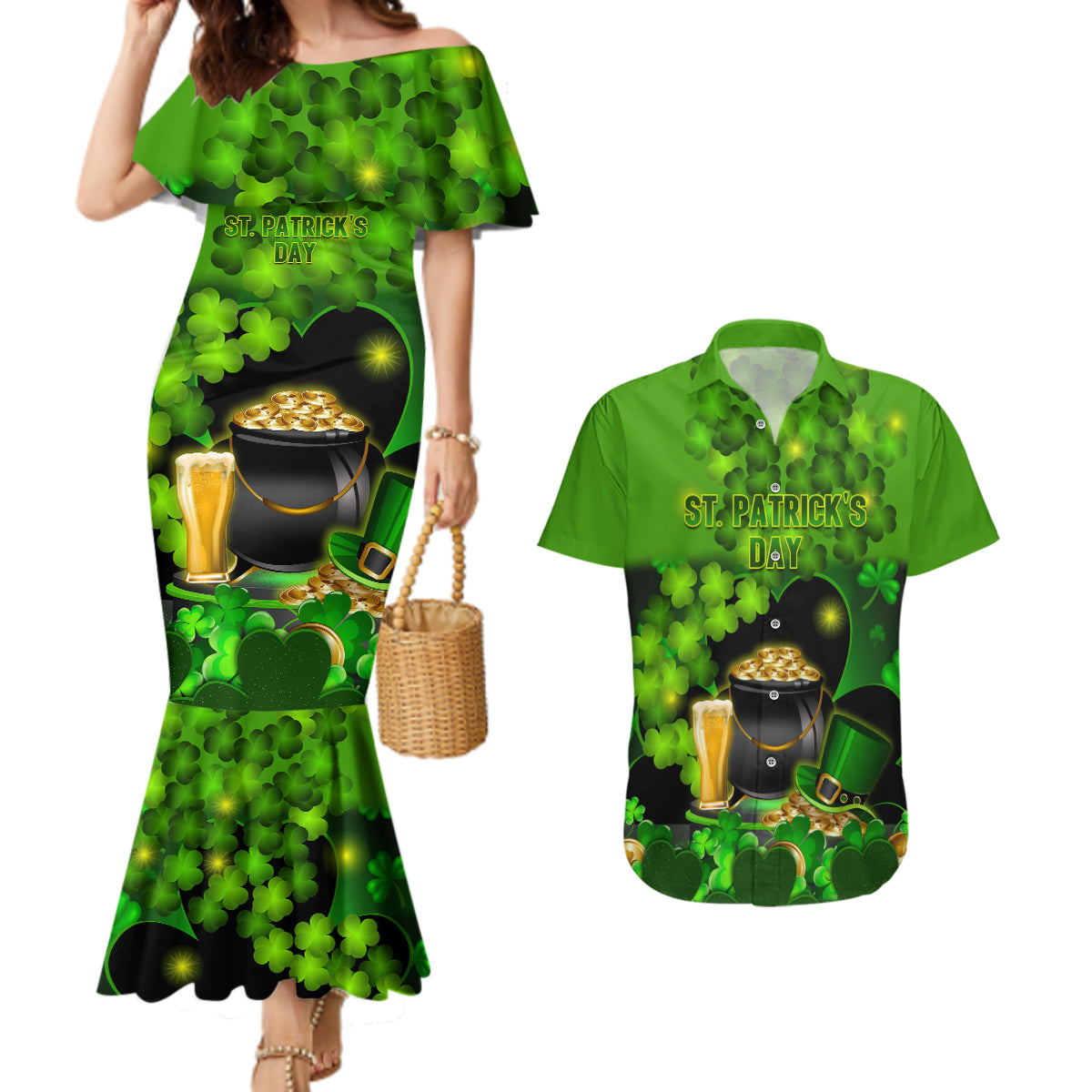 Happy St Patricks Day Couples Matching Mermaid Dress and Hawaiian Shirt La Fheile Padraig Shamrock Style - Wonder Print Shop