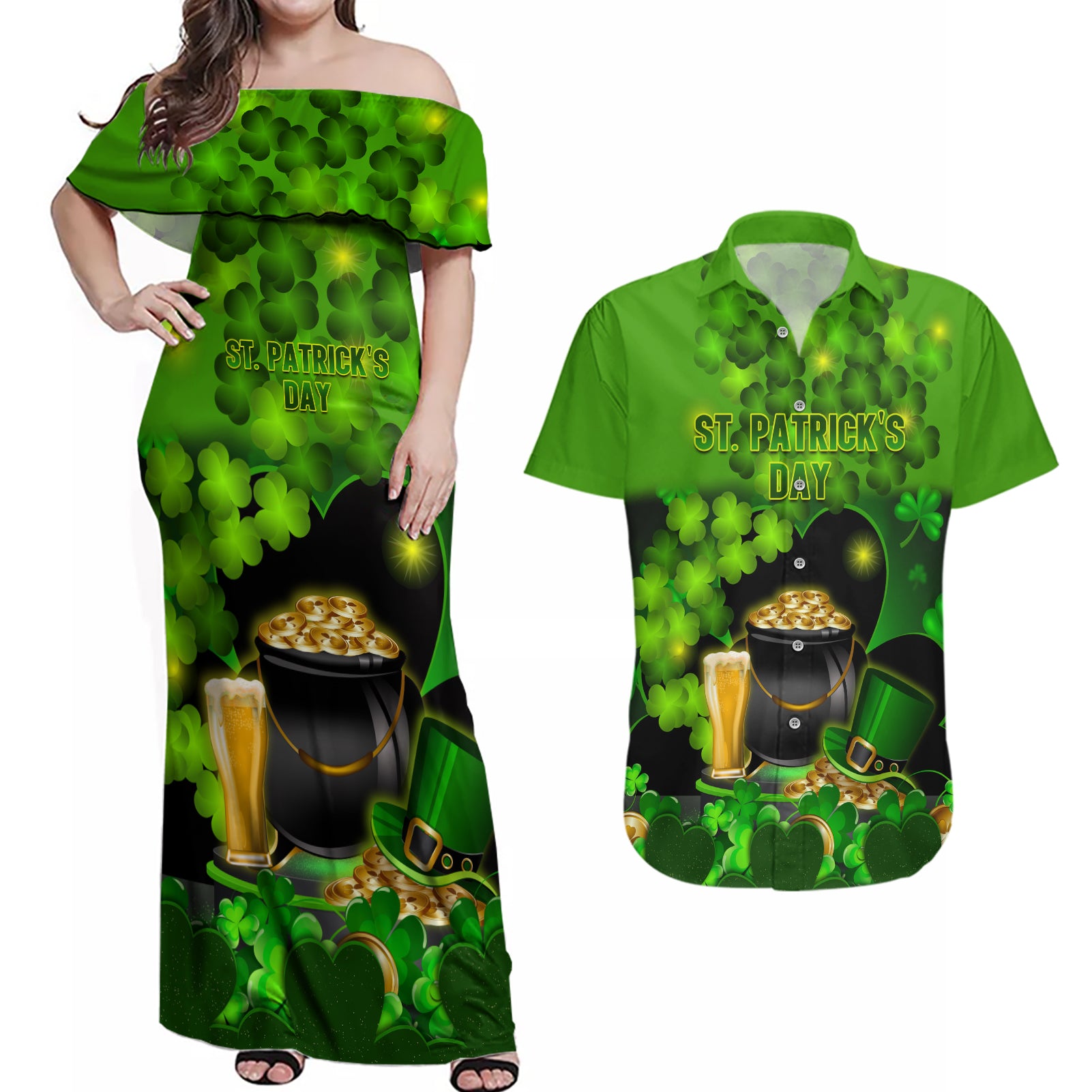 Happy St Patricks Day Couples Matching Off Shoulder Maxi Dress and Hawaiian Shirt La Fheile Padraig Shamrock Style - Wonder Print Shop