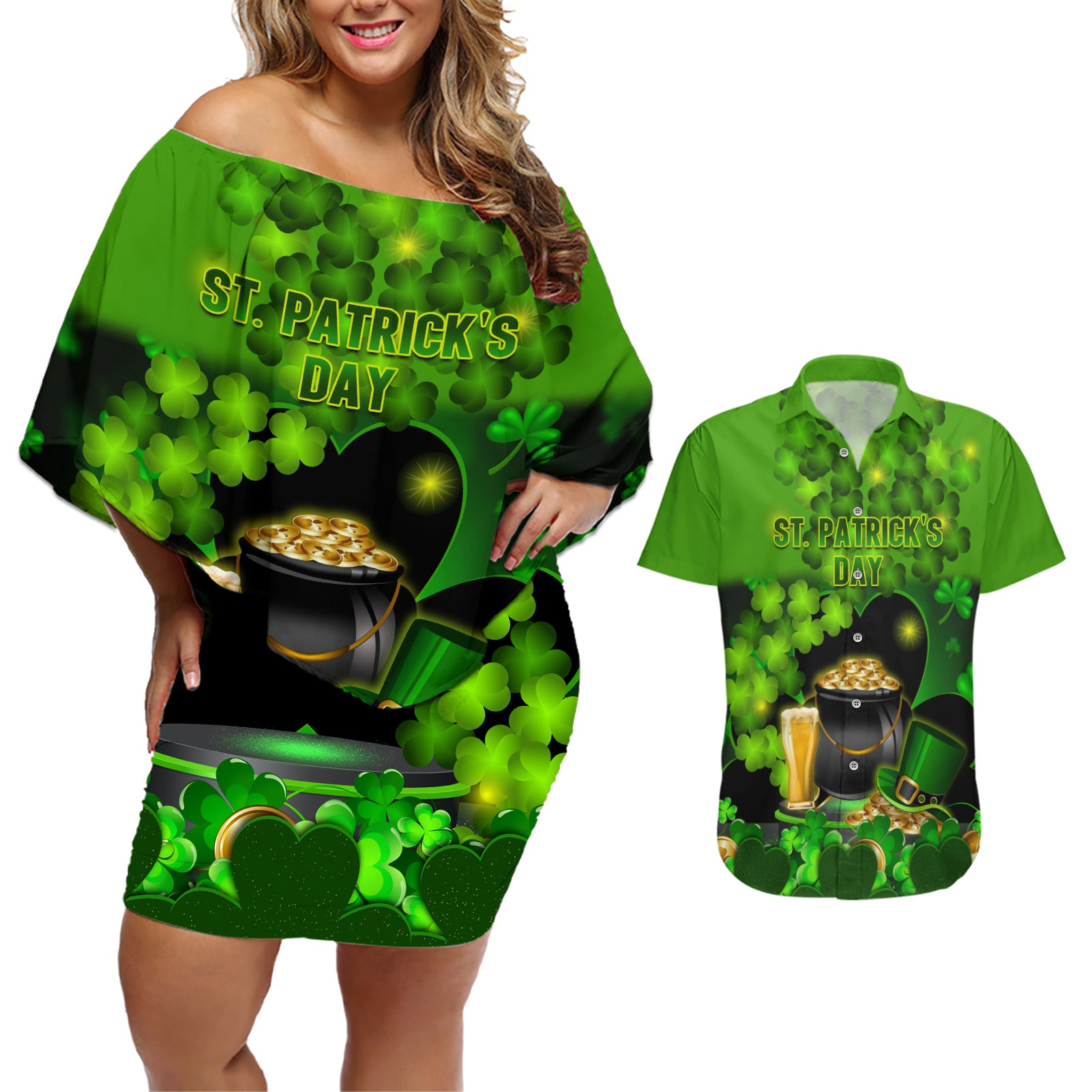 Happy St Patricks Day Couples Matching Off Shoulder Short Dress and Hawaiian Shirt La Fheile Padraig Shamrock Style - Wonder Print Shop