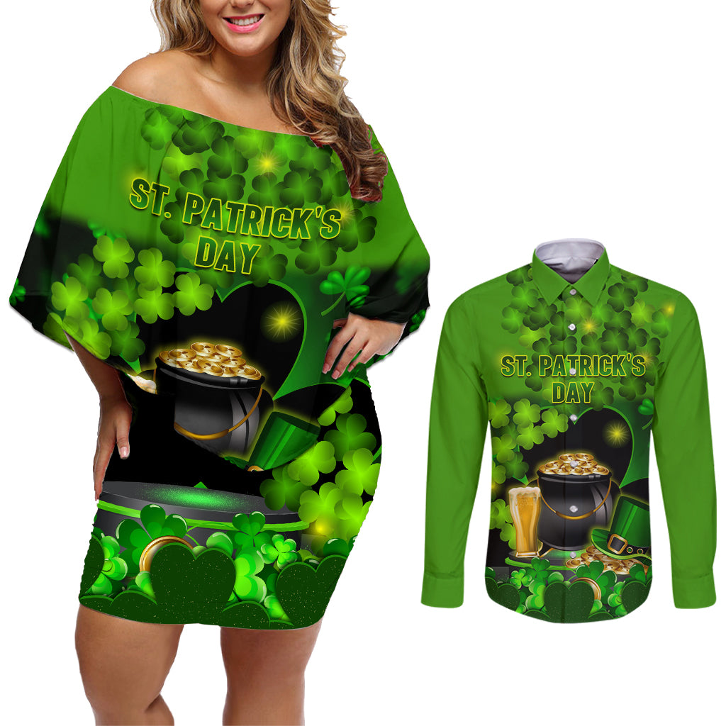 Happy St Patricks Day Couples Matching Off Shoulder Short Dress and Long Sleeve Button Shirt La Fheile Padraig Shamrock Style - Wonder Print Shop