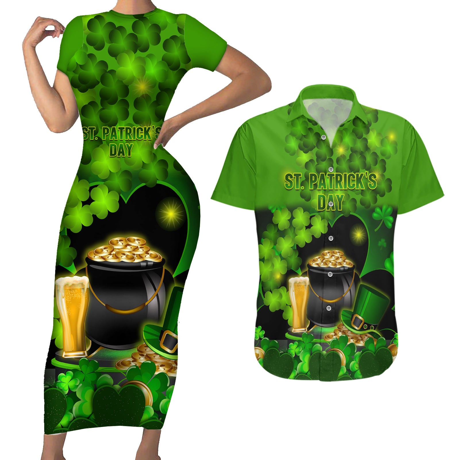 Happy St Patricks Day Couples Matching Short Sleeve Bodycon Dress and Hawaiian Shirt La Fheile Padraig Shamrock Style - Wonder Print Shop