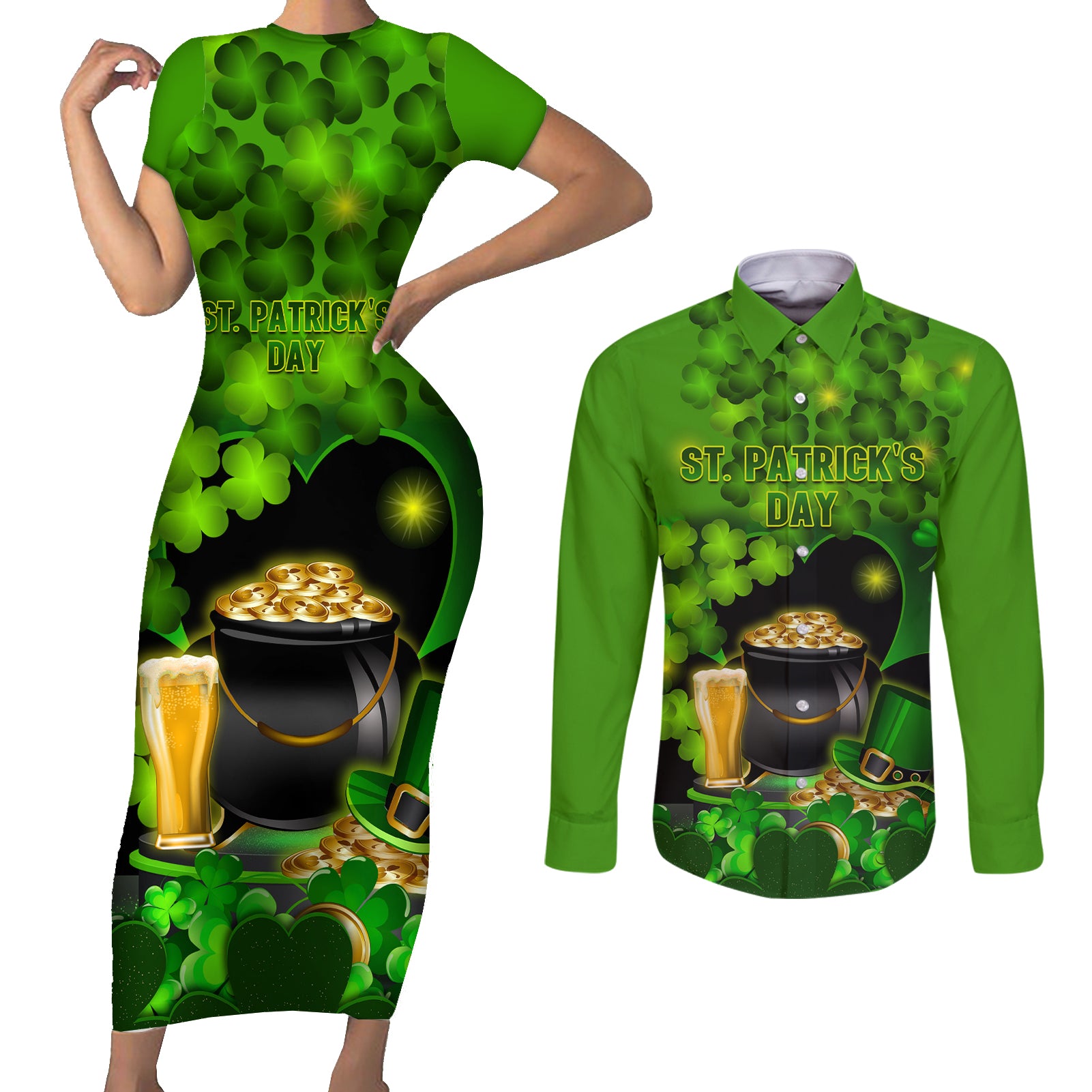 Happy St Patricks Day Couples Matching Short Sleeve Bodycon Dress and Long Sleeve Button Shirt La Fheile Padraig Shamrock Style - Wonder Print Shop