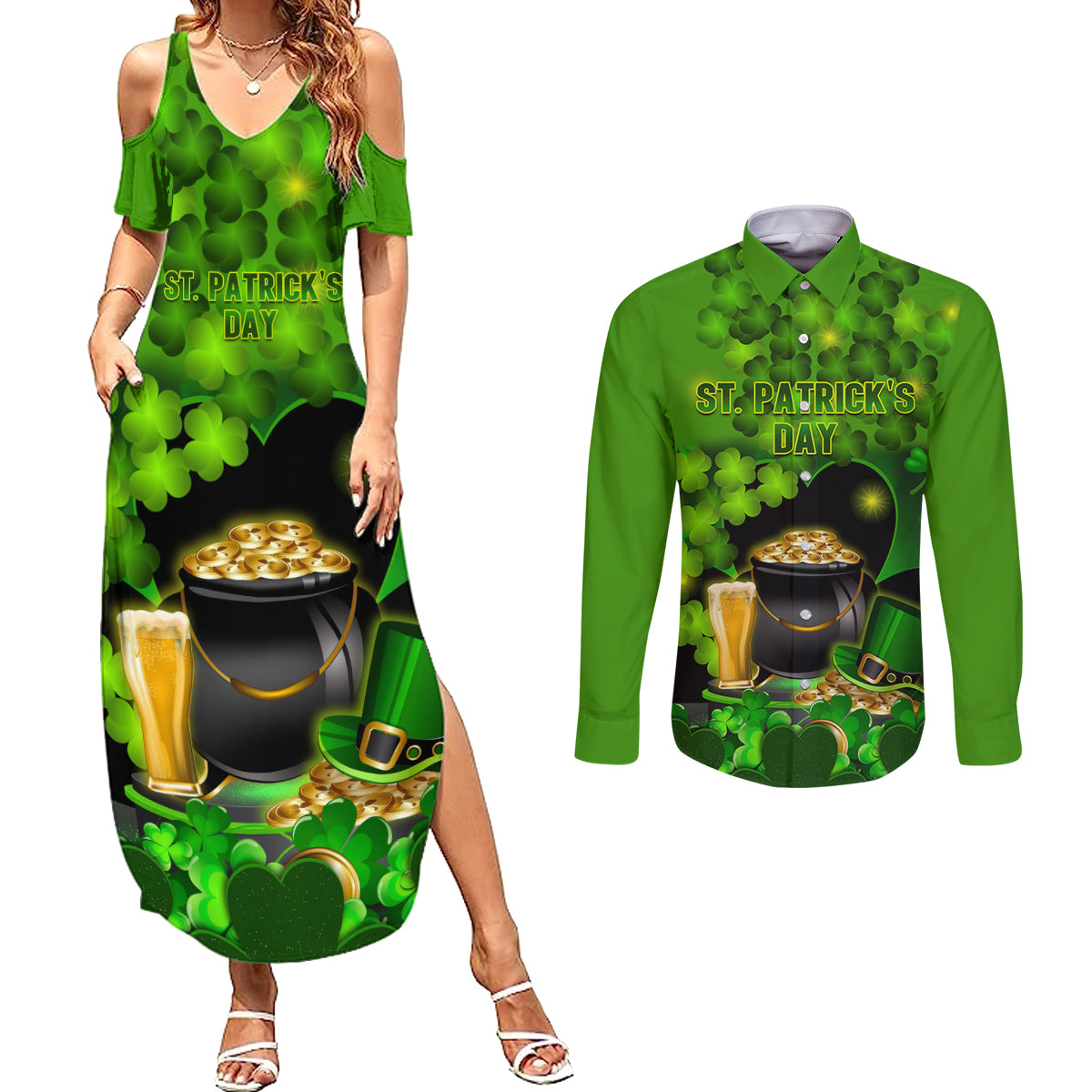 Happy St Patricks Day Couples Matching Summer Maxi Dress and Long Sleeve Button Shirt La Fheile Padraig Shamrock Style - Wonder Print Shop