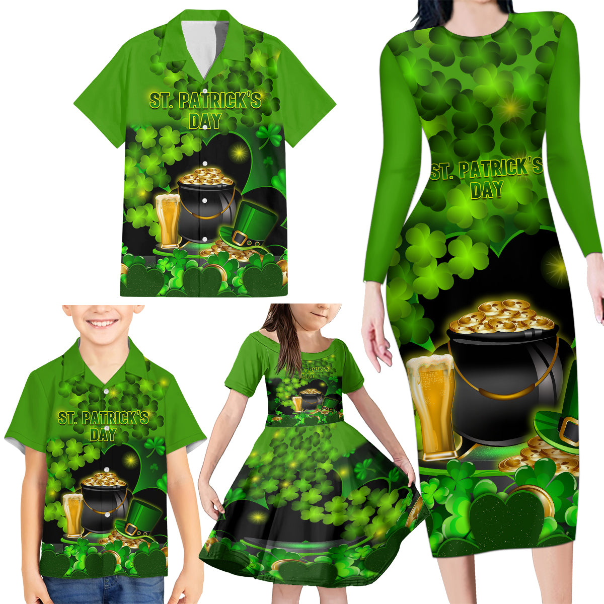 Happy St Patricks Day Family Matching Long Sleeve Bodycon Dress and Hawaiian Shirt La Fheile Padraig Shamrock Style - Wonder Print Shop