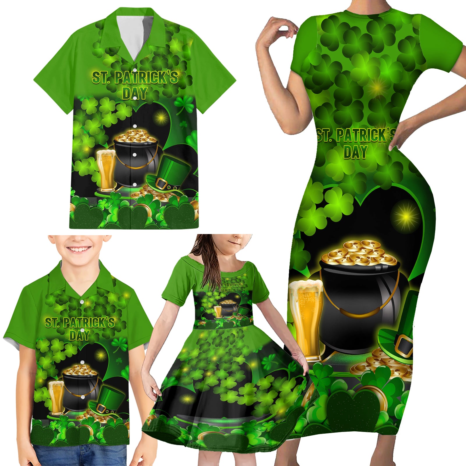 Happy St Patricks Day Family Matching Short Sleeve Bodycon Dress and Hawaiian Shirt La Fheile Padraig Shamrock Style - Wonder Print Shop