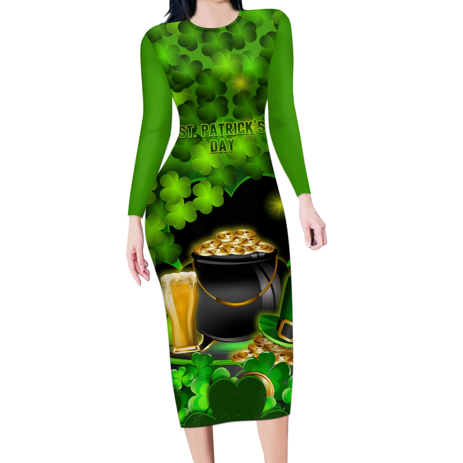 Happy St Patricks Day Long Sleeve Bodycon Dress La Fheile Padraig Shamrock Style - Wonder Print Shop