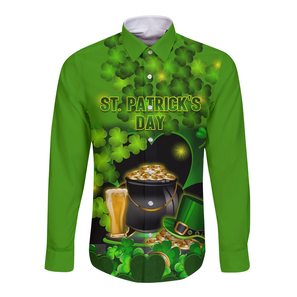 Green long-sleeve button shirt with front St. Patrick's Day graphic and shamrock pattern