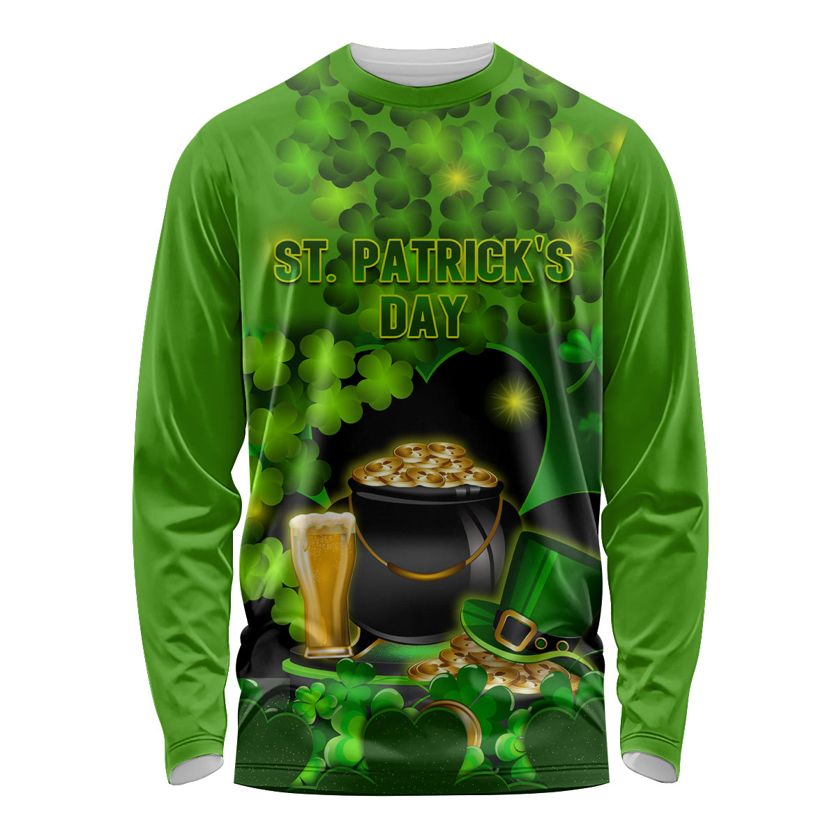 Green long-sleeve shirt with St. Patrick's Day print, shamrocks, pot of gold, beer mug