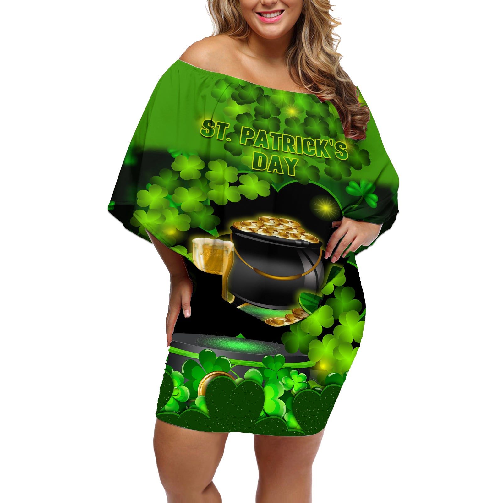 Happy St Patricks Day Off Shoulder Short Dress La Fheile Padraig Shamrock Style - Wonder Print Shop