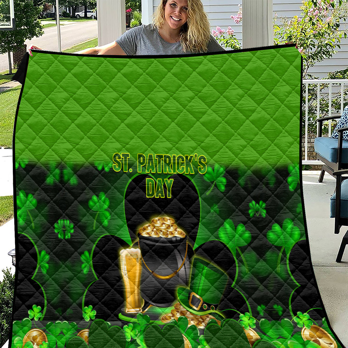 Green St. Patrick's Day quilt with shamrocks and beer-mug graphic, diamond quilting