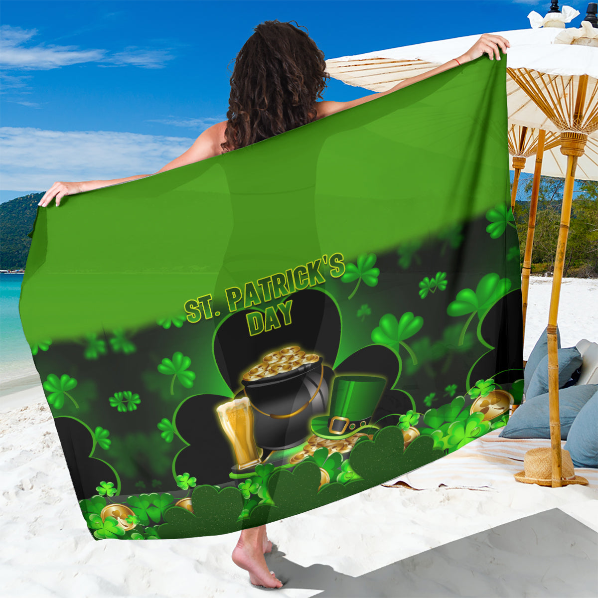 Green St. Patrick’s Day sarong with shamrocks and gold leprechaun pot graphic