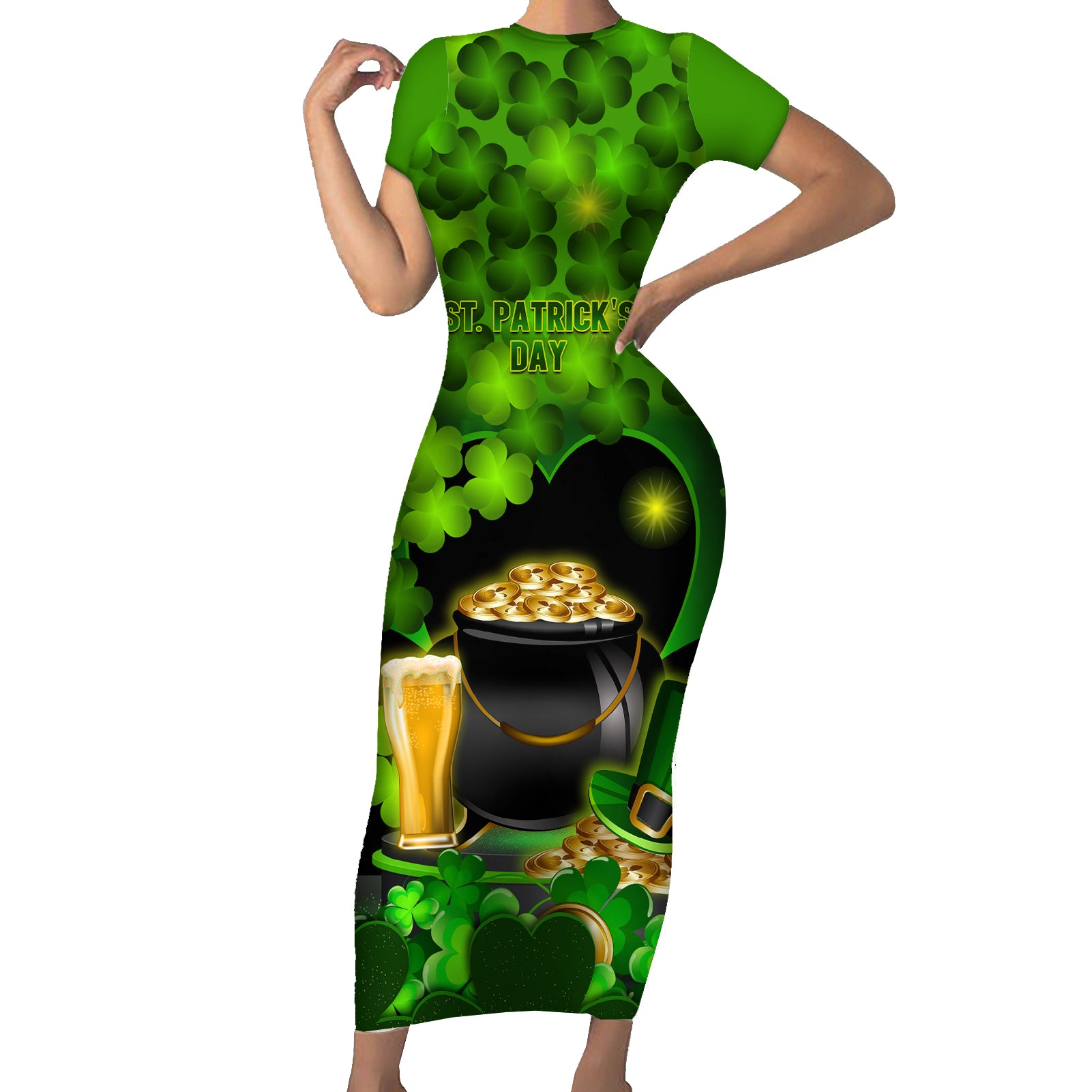 Happy St Patricks Day Short Sleeve Bodycon Dress La Fheile Padraig Shamrock Style - Wonder Print Shop