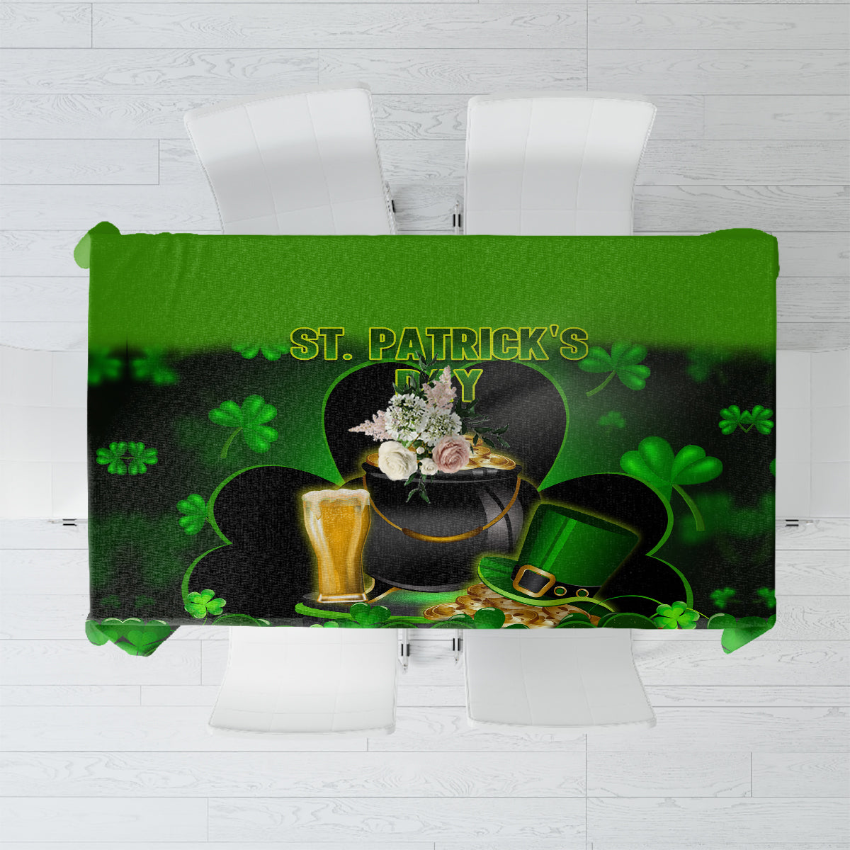 Green St. Patrick’s Day tablecloth with shamrock and beer-and-cake festive graphic.