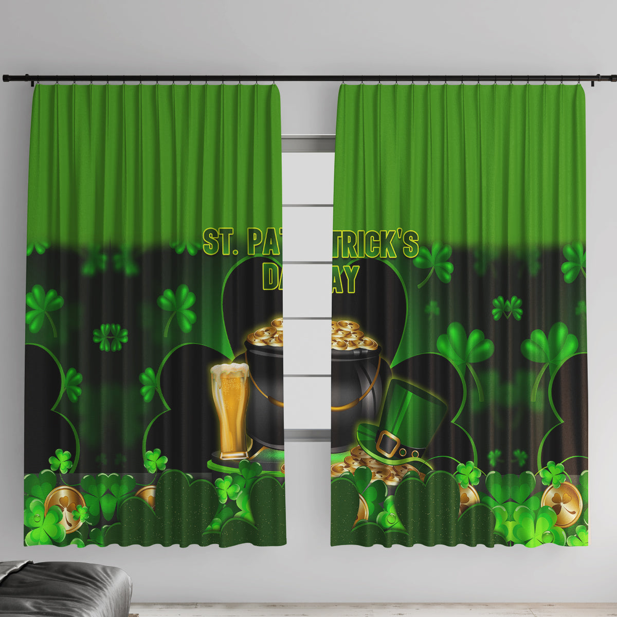 Happy St Patricks Day Window Curtain La Fheile Padraig Shamrock Style - Wonder Print Shop