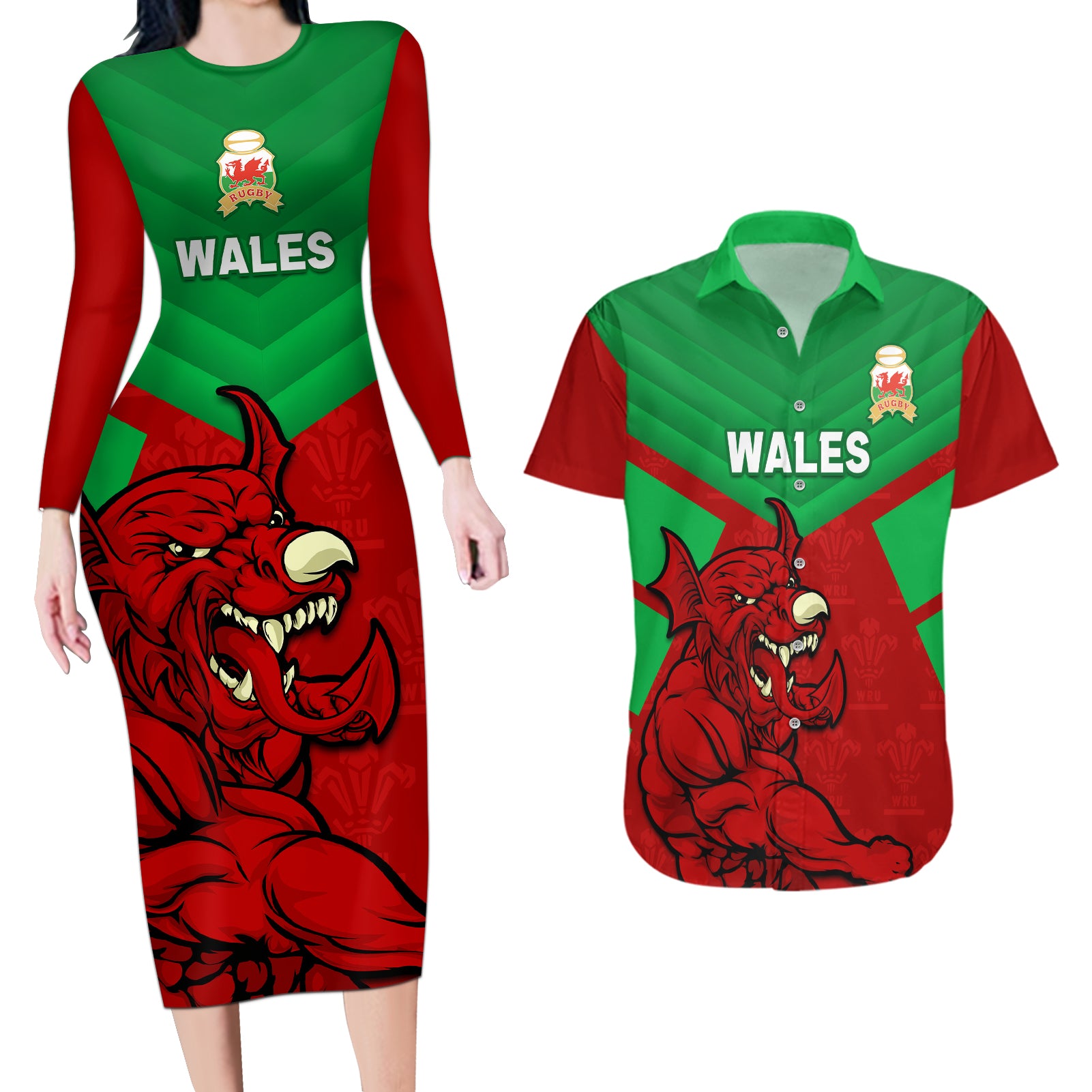 Custom Wales Rugby Couples Matching Long Sleeve Bodycon Dress and Hawaiian Shirt 2024 Six Nations Come On Cymru Mascot Sporty - Wonder Print Shop