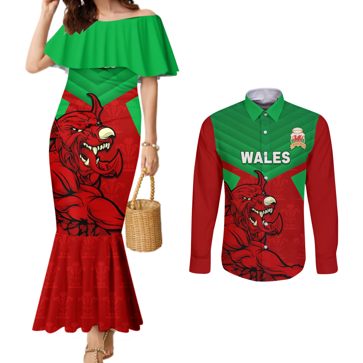 custom-wales-rugby-couples-matching-mermaid-dress-and-long-sleeve-button-shirt-2024-six-nations-come-on-cymru-mascot-sporty