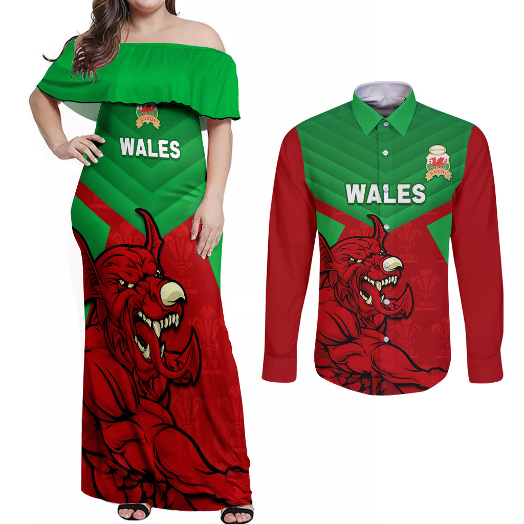 Custom Wales Rugby Couples Matching Off Shoulder Maxi Dress and Long Sleeve Button Shirt 2024 Six Nations Come On Cymru Mascot Sporty - Wonder Print Shop