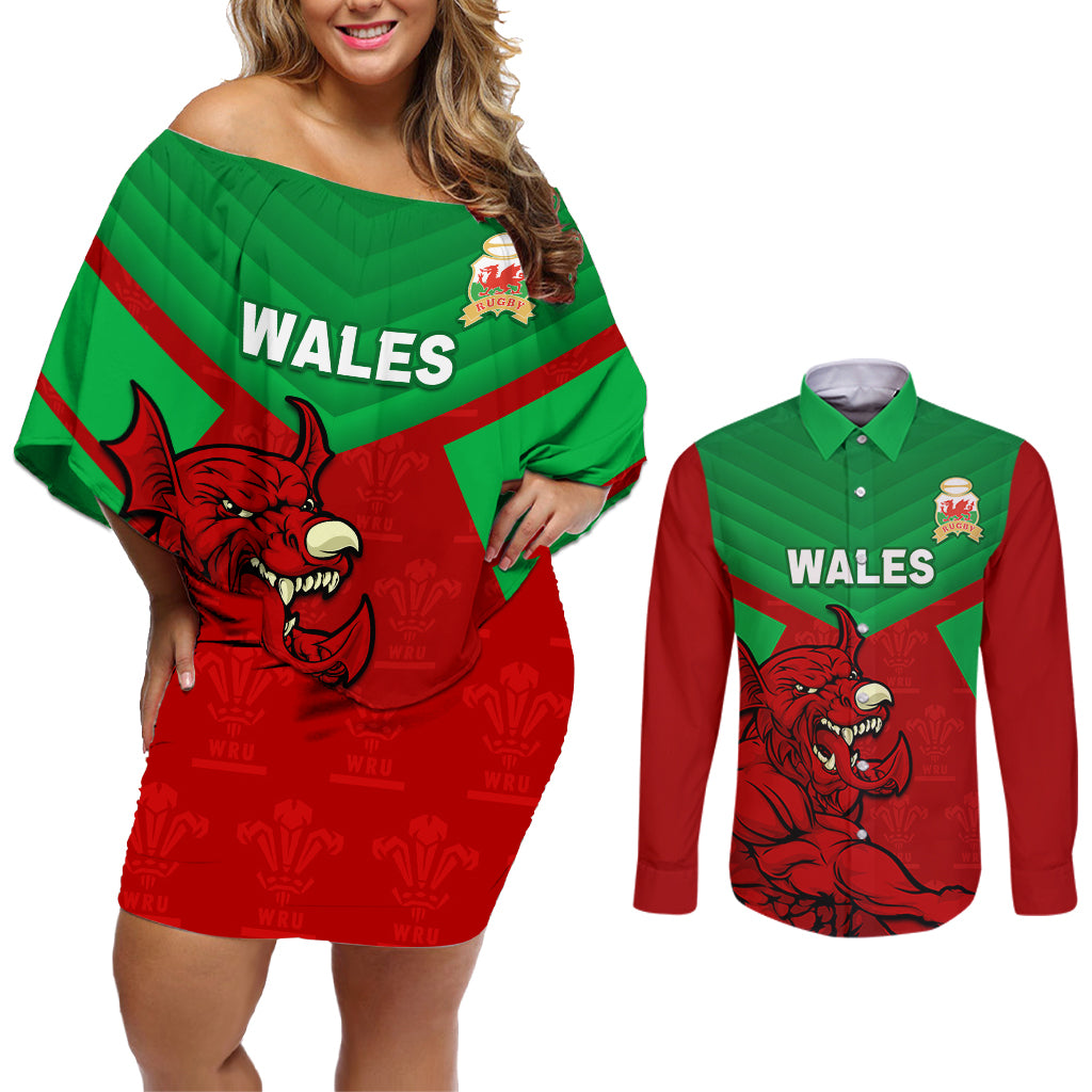 Custom Wales Rugby Couples Matching Off Shoulder Short Dress and Long Sleeve Button Shirt 2024 Six Nations Come On Cymru Mascot Sporty - Wonder Print Shop