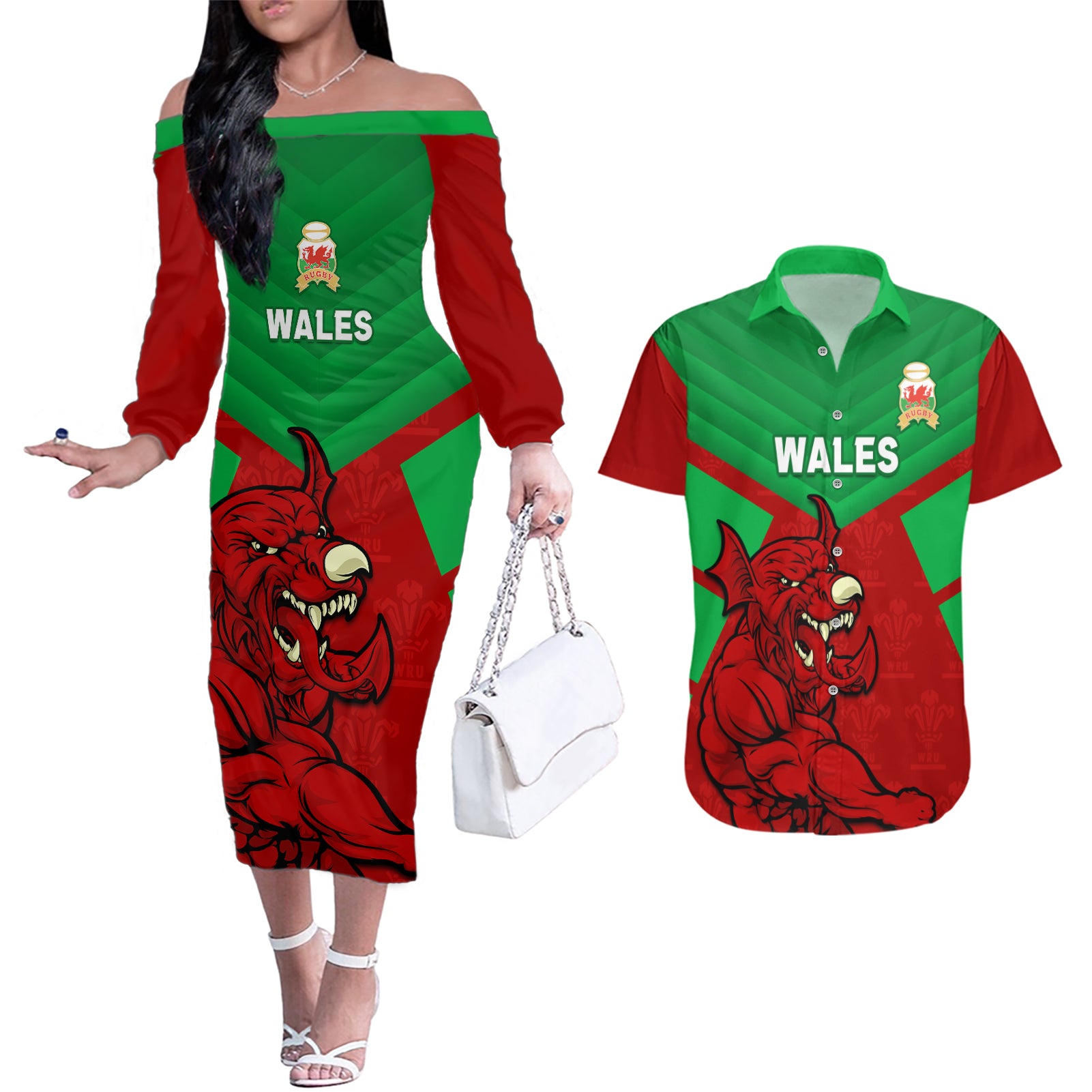 Custom Wales Rugby Couples Matching Off The Shoulder Long Sleeve Dress and Hawaiian Shirt 2024 Six Nations Come On Cymru Mascot Sporty - Wonder Print Shop