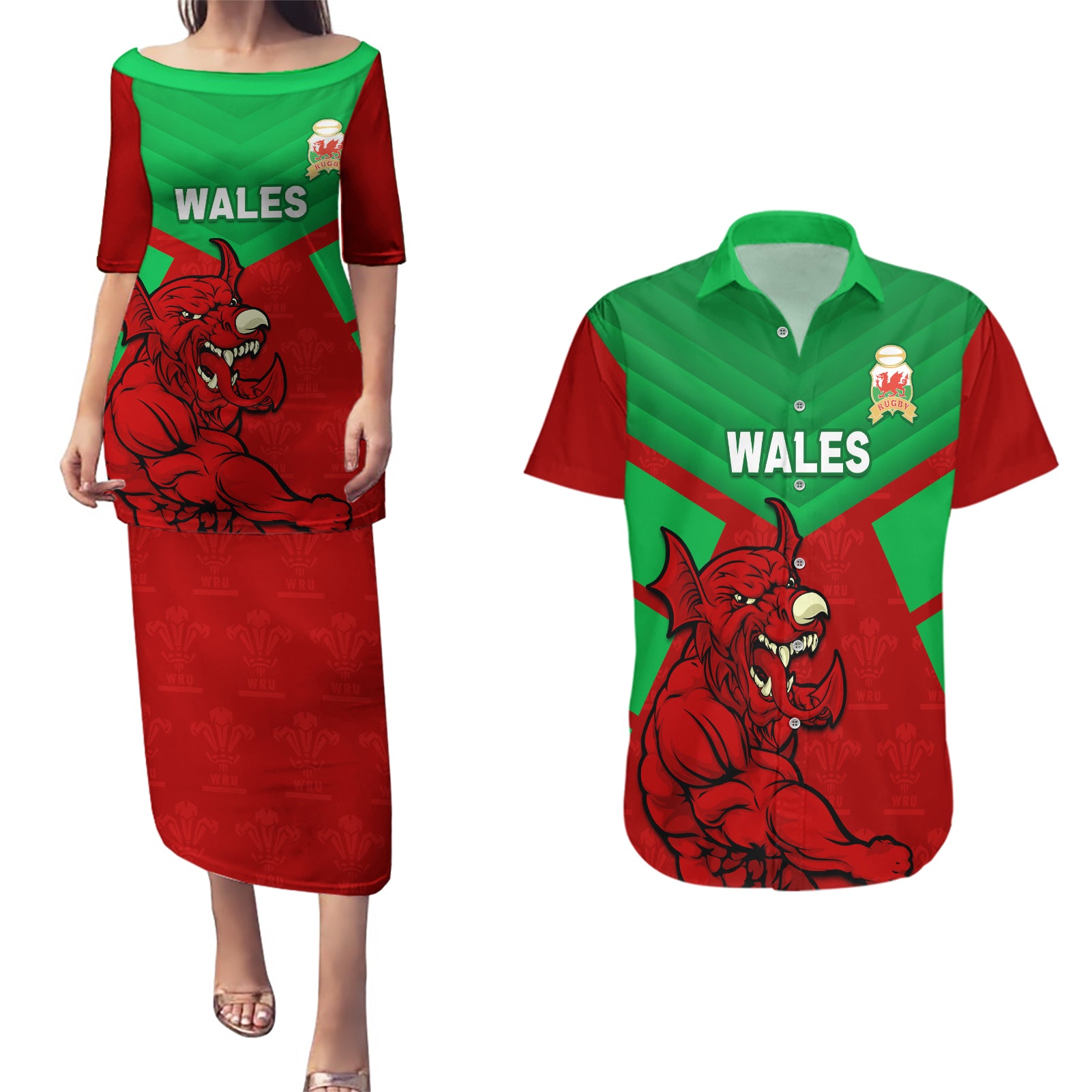 Custom Wales Rugby Couples Matching Puletasi and Hawaiian Shirt 2024 Six Nations Come On Cymru Mascot Sporty - Wonder Print Shop