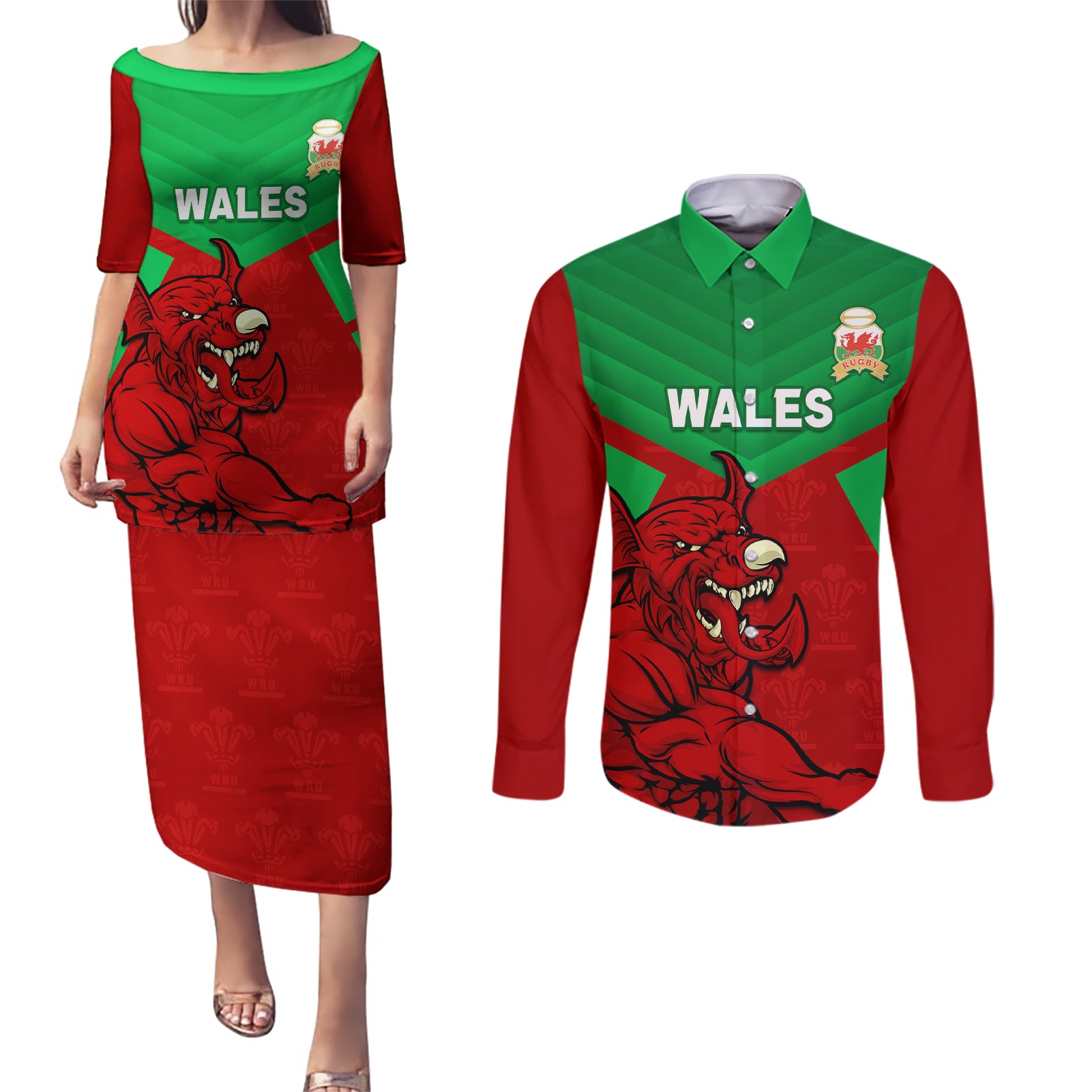 Custom Wales Rugby Couples Matching Puletasi and Long Sleeve Button Shirt 2024 Six Nations Come On Cymru Mascot Sporty - Wonder Print Shop