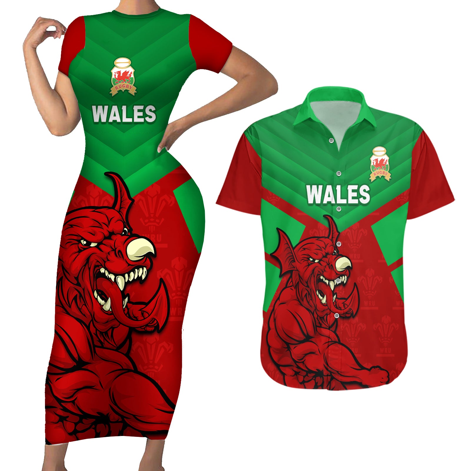 Custom Wales Rugby Couples Matching Short Sleeve Bodycon Dress and Hawaiian Shirt 2024 Six Nations Come On Cymru Mascot Sporty - Wonder Print Shop