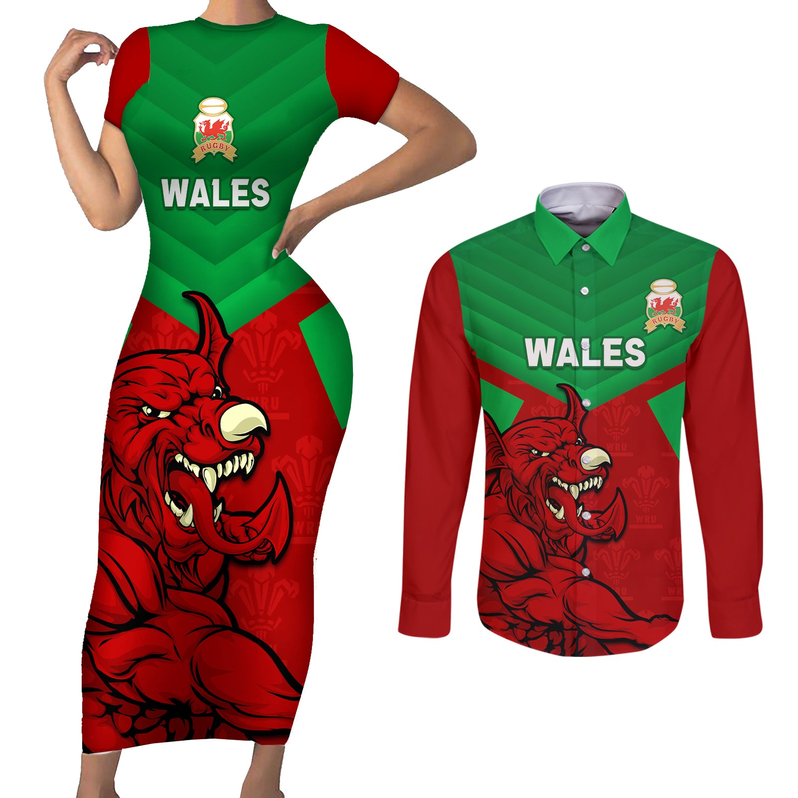 Custom Wales Rugby Couples Matching Short Sleeve Bodycon Dress and Long Sleeve Button Shirt 2024 Six Nations Come On Cymru Mascot Sporty - Wonder Print Shop