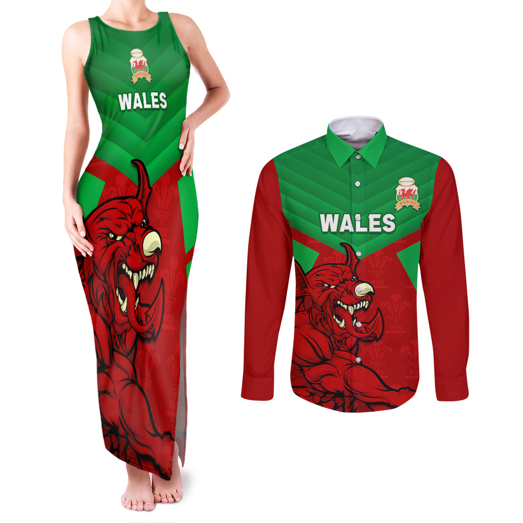 Custom Wales Rugby Couples Matching Tank Maxi Dress and Long Sleeve Button Shirt 2024 Six Nations Come On Cymru Mascot Sporty - Wonder Print Shop