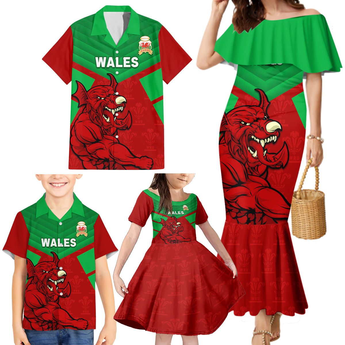 Custom Wales Rugby Family Matching Mermaid Dress and Hawaiian Shirt 2024 Six Nations Come On Cymru Mascot Sporty - Wonder Print Shop