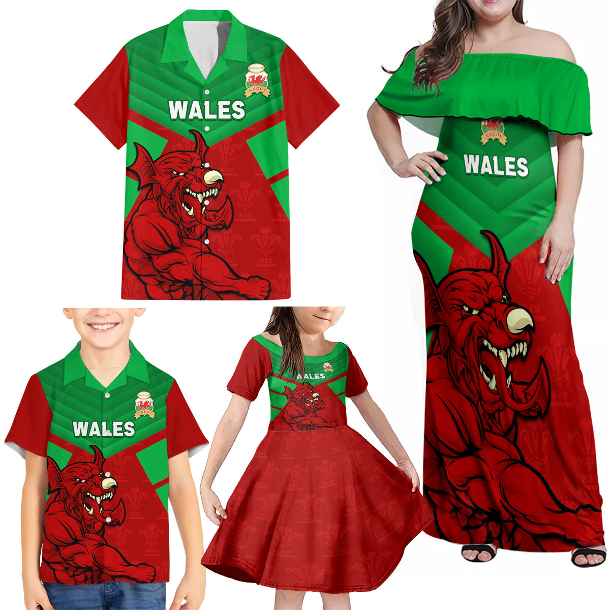 Custom Wales Rugby Family Matching Off Shoulder Maxi Dress and Hawaiian Shirt 2024 Six Nations Come On Cymru Mascot Sporty - Wonder Print Shop