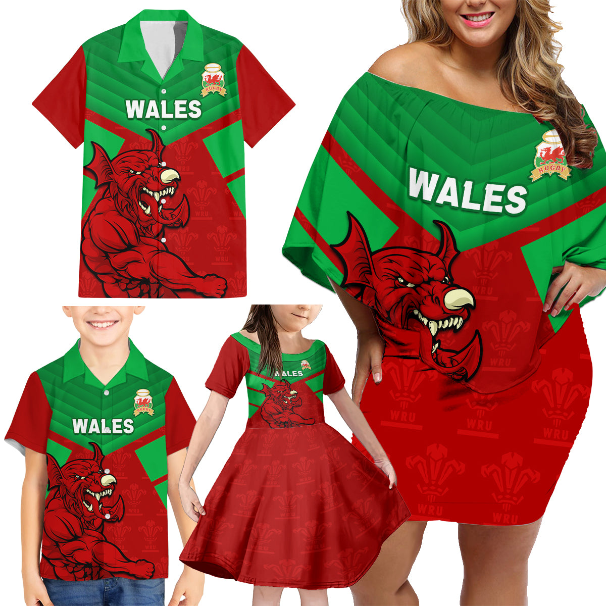 Custom Wales Rugby Family Matching Off Shoulder Short Dress and Hawaiian Shirt 2024 Six Nations Come On Cymru Mascot Sporty - Wonder Print Shop