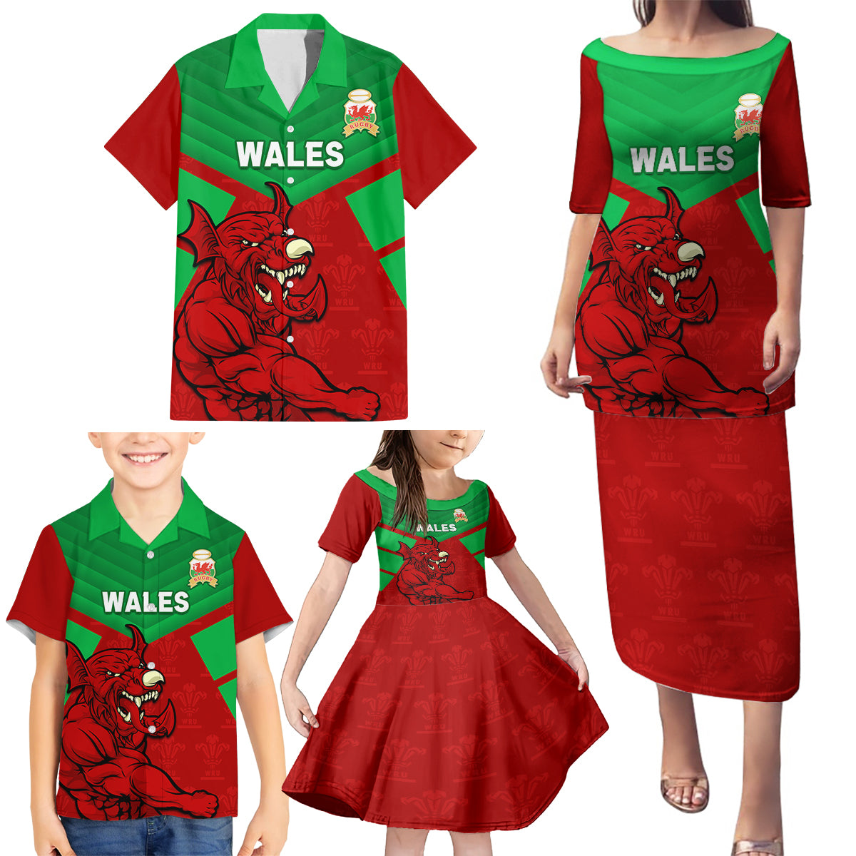 Custom Wales Rugby Family Matching Puletasi and Hawaiian Shirt 2024 Six Nations Come On Cymru Mascot Sporty - Wonder Print Shop