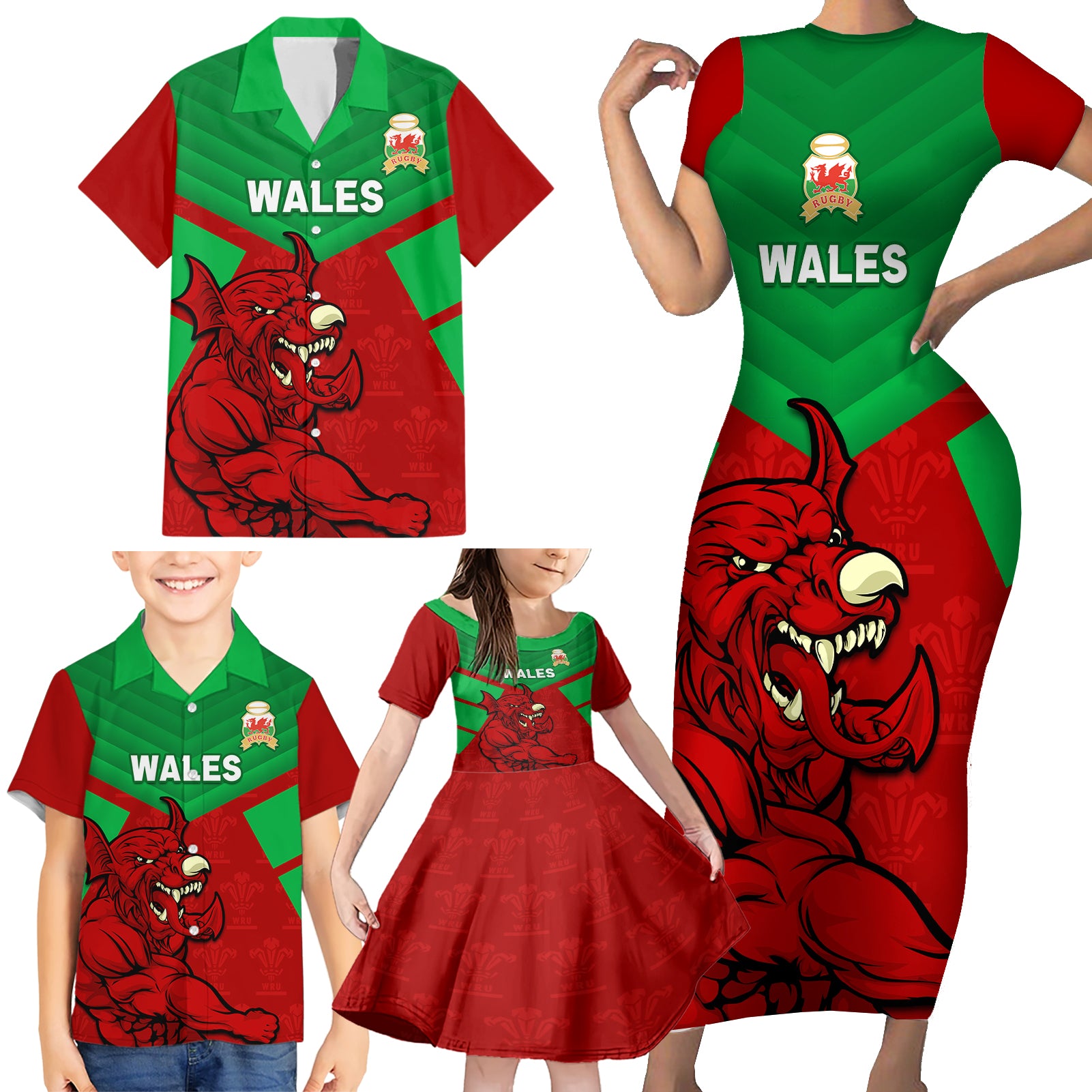 Custom Wales Rugby Family Matching Short Sleeve Bodycon Dress and Hawaiian Shirt 2024 Six Nations Come On Cymru Mascot Sporty - Wonder Print Shop