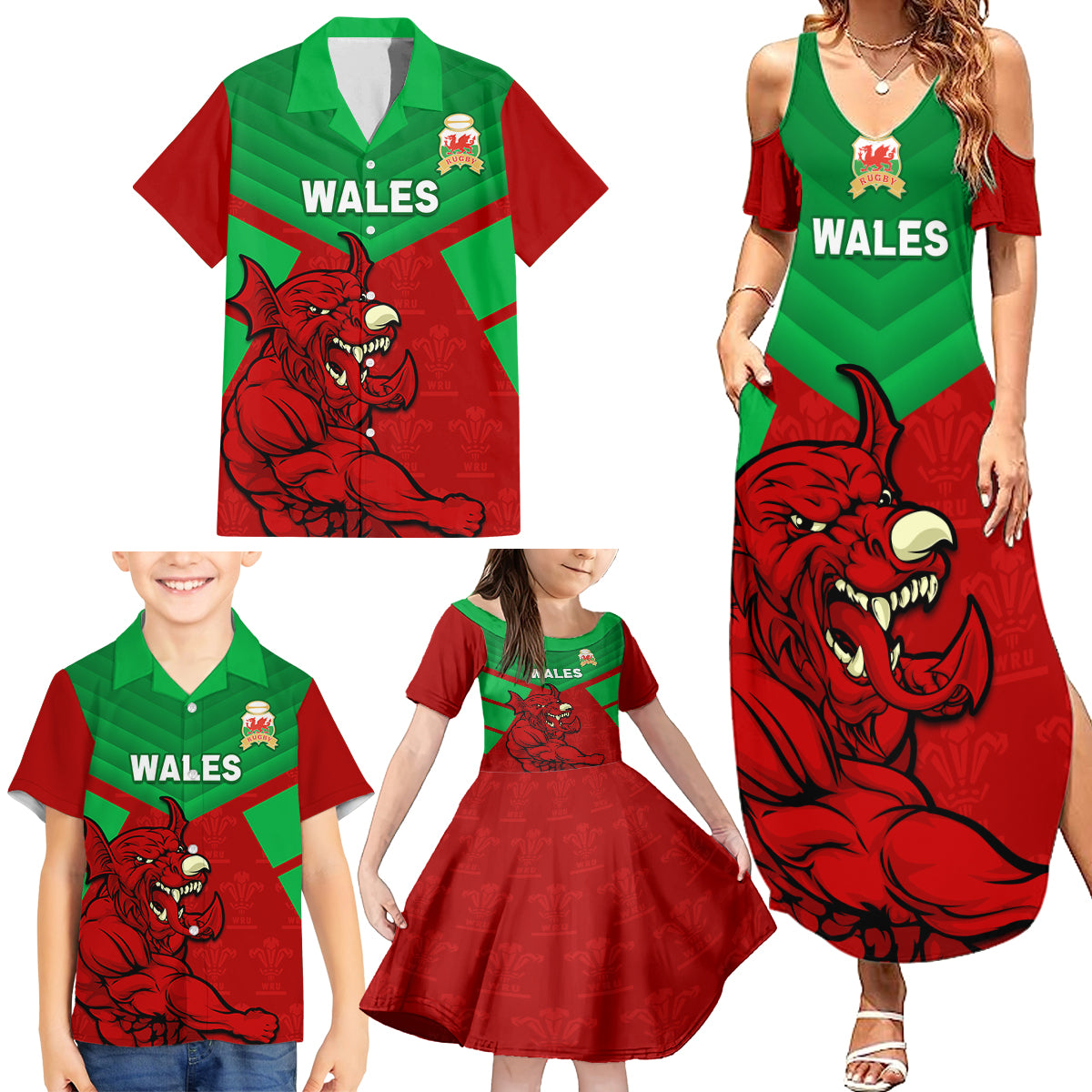 Custom Wales Rugby Family Matching Summer Maxi Dress and Hawaiian Shirt 2024 Six Nations Come On Cymru Mascot Sporty - Wonder Print Shop