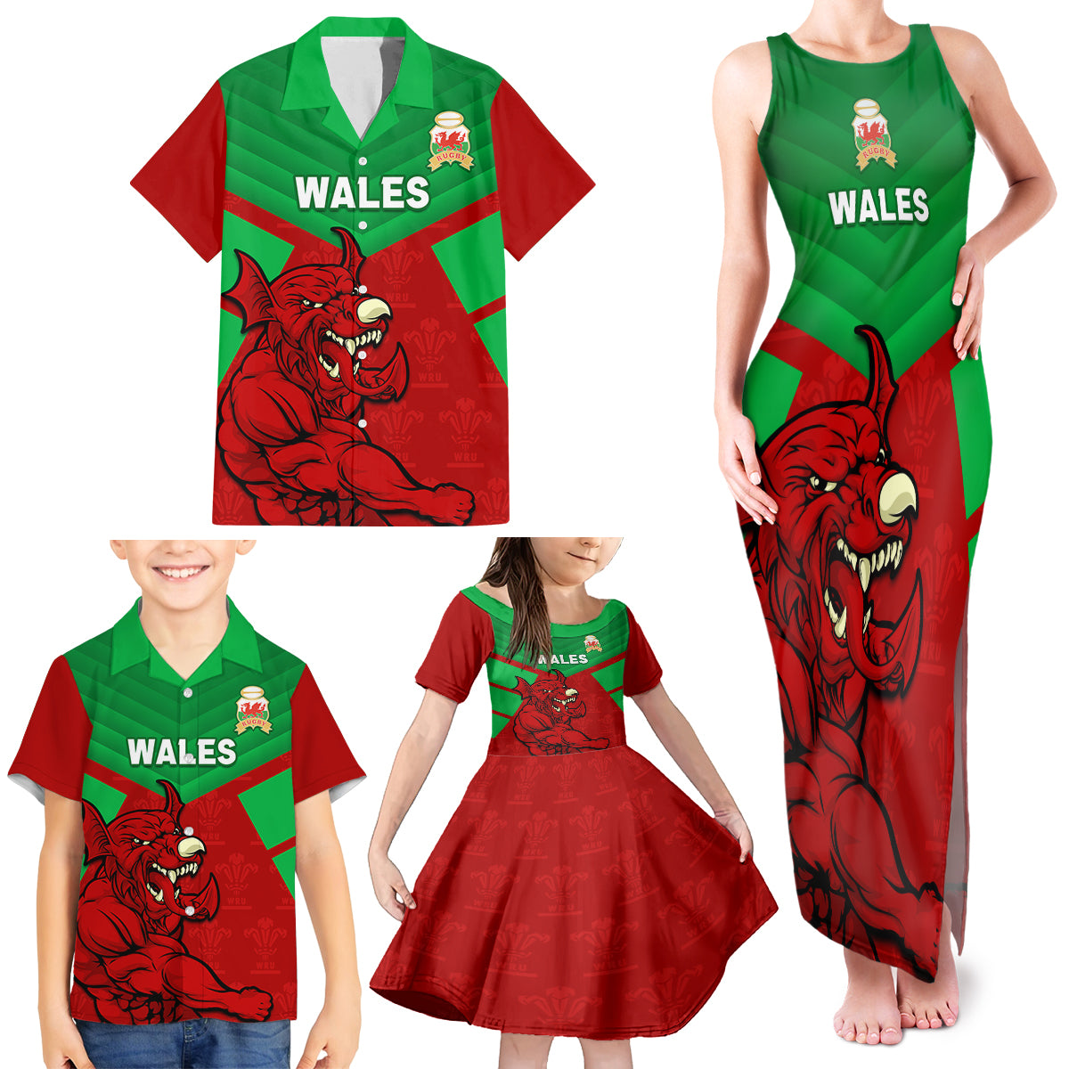 Custom Wales Rugby Family Matching Tank Maxi Dress and Hawaiian Shirt 2024 Six Nations Come On Cymru Mascot Sporty - Wonder Print Shop